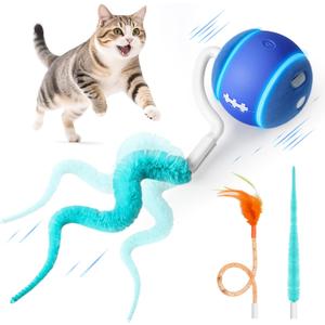 ddxcoo Interactive Cat Toy Ball, Automatic Cat Toys for Indoor Cats, Motion Activated Kitten Toys with 2 Replacement Tails, 3 Modes, USB Rechargeable, Moving Cat Toys for Enrichment Exercise(Blue)