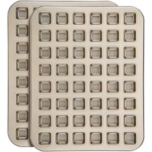 Beasea Square Mini Brownie Bite Pan, 2 Pack 48 Mini Small Tiny Cup All Edges Non Stick Square Cupcake Baking Sheet Tin Tray Carbon Steel Bakeware Individual Muffin Baking Pan - Gold