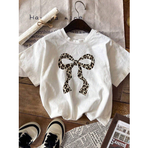 Women's Bow Graphic Tees Short Sleeve Crew Neck Summer T Shirt Tops for Women Trendy White Bowknot L