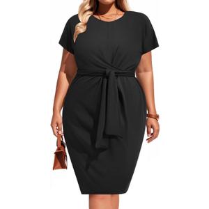 Pinup Fashion Plus Size Dresses for Women Wedding Guest Short Sleeve Tie Front Waist Belted Pencil Work Knee Dress (Black), 20 Plus