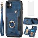 Asuwish Phone Case for iPhone 11 6.1 Wallet Cover with Tempered Glass Screen Protector Wrist Strap RFID Credit Card Holder Ring Stand Cell iphone11case iPhone11 i Phone11 11s XI 11R Women Men Blue
