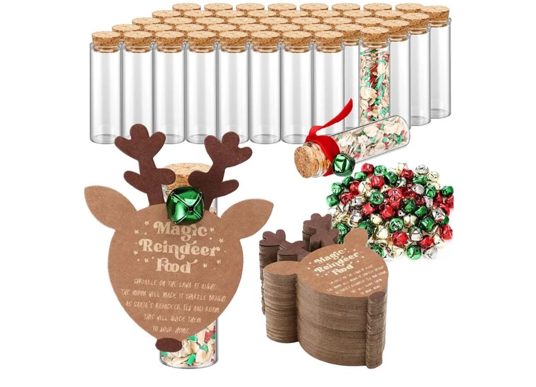 Honeydak 100 Set Christmas Magical Reindeer Food Glass Jars Elk Shaped Paper Card Tags and Bells Velvet Rope Reindeer Food Kit Christmas Eve Gift for Holiday Xmas Party Supply Stocking Filler Present