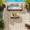 JBGO Outdoor Rug - Patio Rug - Reversible Woven Lightweight Large Recycled Plastic Striped Stain Proof Indoor Area Runner Mat - Deck, Patio, Camping, Picnic, Balcony - Doe&Coconut Milk - 4' x 6