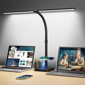 LED Desk Lamp for Home Office, 24W Double Head Desk Light with Wireless Charging, USB Port, 25 Lighting Modes Adjustable Lamps, 3000K-65000K