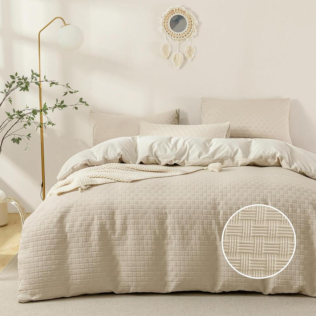 JELLYMONI Duvet Cover King Size Waffle Weave Duvet Cover Set Light Khaki 3PCS Soft Microfiber Tufted Textured Breathable Knitted Jacquard Striped Comforter Cover with Corner Ties & Zipper Closure (King(104"90"))