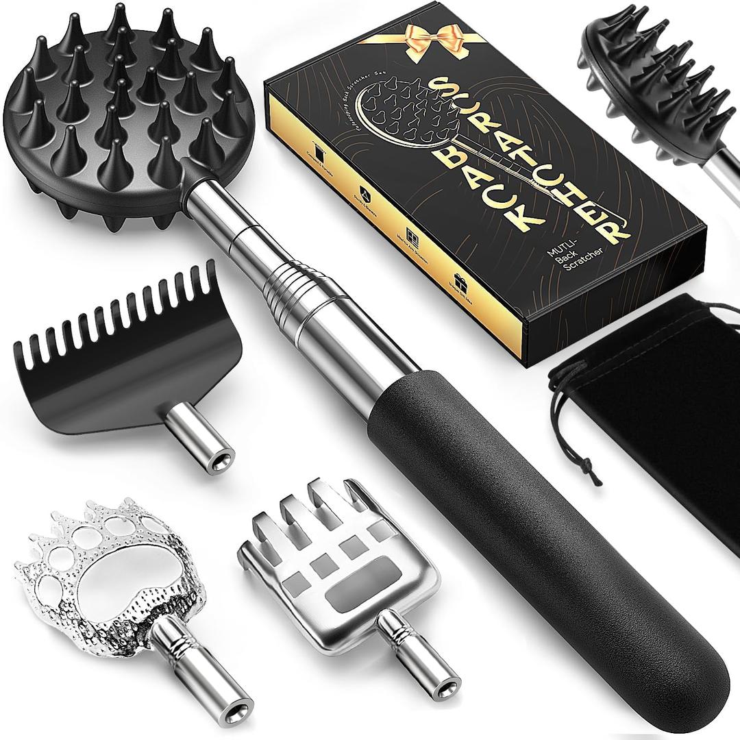 TUKUOS Telescoping Back Scratcher with 5 Detachable Scratching Heads, Rubber Handles, Anniversary Birthday Gifts for Men Women Back Scratcher for Men/Dad/Women/Adults (Regular, Black)