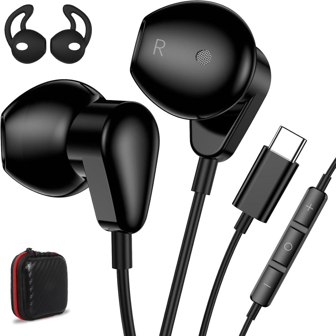 USB C Headphones for iPad 10th Generation for Google Pixel 10 Pro XL 9 Pro for Galaxy S26 Ultra Type C Earbuds for iPhone 17 16 Pro 15 Wired Earphones DAC HiFi Stereo Headset Mic Volume Control Black