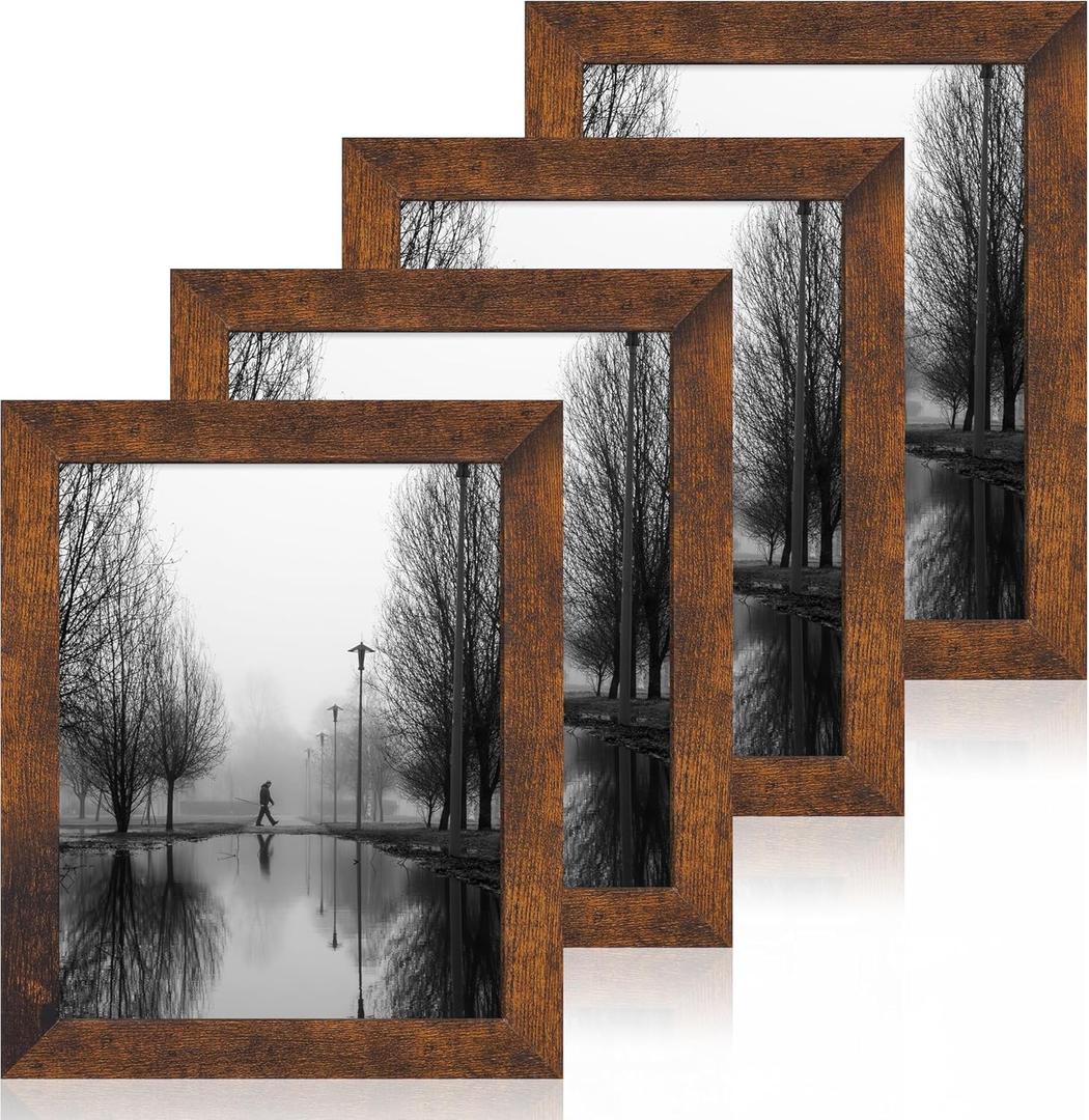 iRahmen 8x10 Picture Frame Set of 4, High Definition Glass 8 x 10 Frame, Wood Rustic Photo Frames for Horizontal or Vertical Display Tabletop and Wall Mounting (Dark Brown)