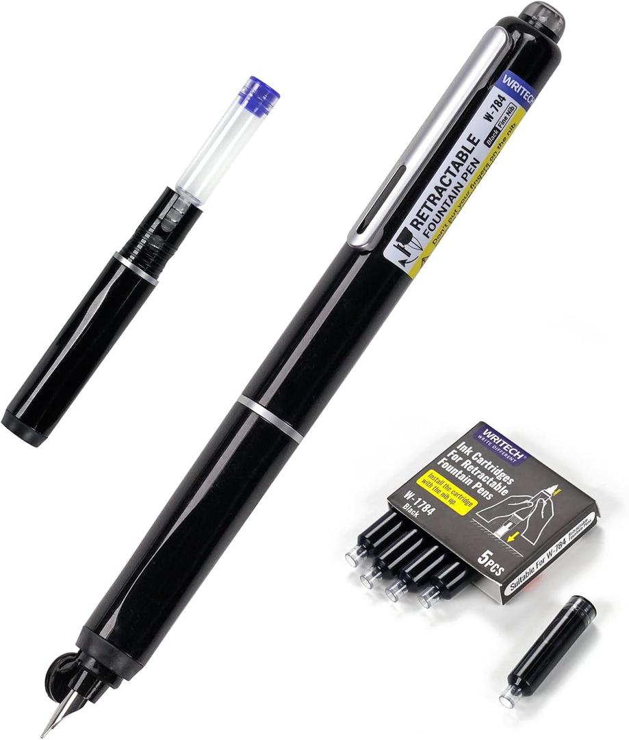 WRITECH Retractable Fountain Pen Set: Fine Nib Black Ink Pens Includes 5 Ink Cartridges Smooth Writing for Sketching Journaling Calligraphy Gift (Black)