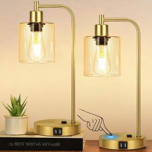 Set of 2 Industrial Touch Control Table Lamps with 2 USB Ports and AC Outlet - 3-Way Dimmable Gold Bedside Lamp Nightstand Desk Lamps for Bedroom Living Room, Amber Glass Shade & 2 LED Bulbs Included
