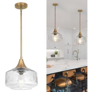 9'' Vintage Gold Pendant Light with Clear Glass, Adjustable Pendant Lighting for Kitchen Island Brushed Pendant Lights Convertible Ceiling Mount Or Hanging Fixture for Hallway Bathroom,Brown Bronze