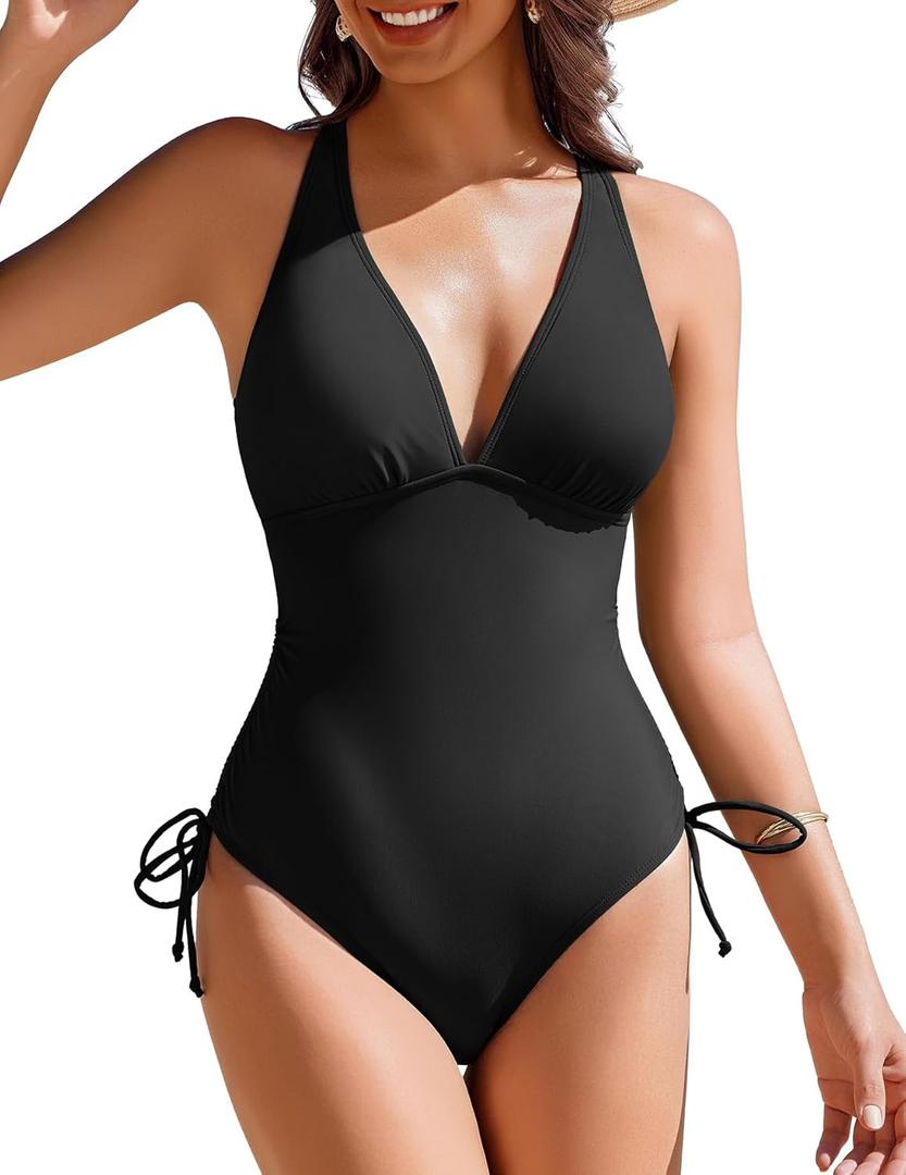AI'MAGE Womens One Piece Swimsuits V Neck Tummy Control Bathing Suit Criss Cross Back Slimming Swimwear with Drawstring (Small, Black)