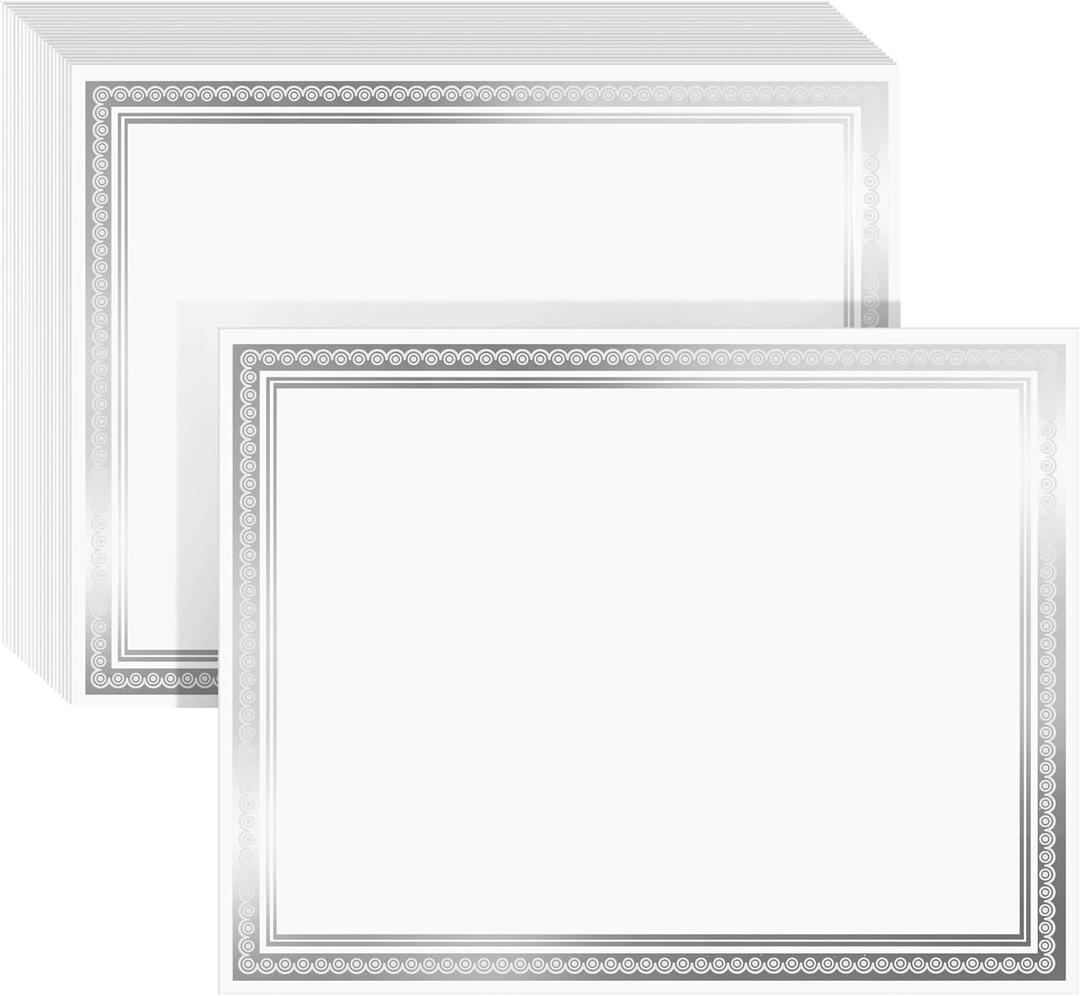 50 Sheets Silver Foil Certificate Paper for Printing - Customizable Blank Cardstock with Border for Graduation Diploma, Achievement Awards, Recognition Documents (8.5 x 11 in, White)