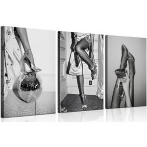 Trendy Women Canvas Wall Art Set of 3 Black and White Fashion Feminist Wall Decor Pictures High Heels on Disco Ball Bar Cart Woman Drinking Wine Posters Prints for Dorm Bedroom Decoration 16x24in