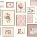 16 PCS Framed Pink Nursery Wall Art Decor, Vintage Baby Girl & Boy Nursery Decor, Kids Toddler Room Bedroom Playroom Decor, Animals Eclectic Gallery Wall Prints, Bear Duck Goose Rabbit (12"x15" Framed)