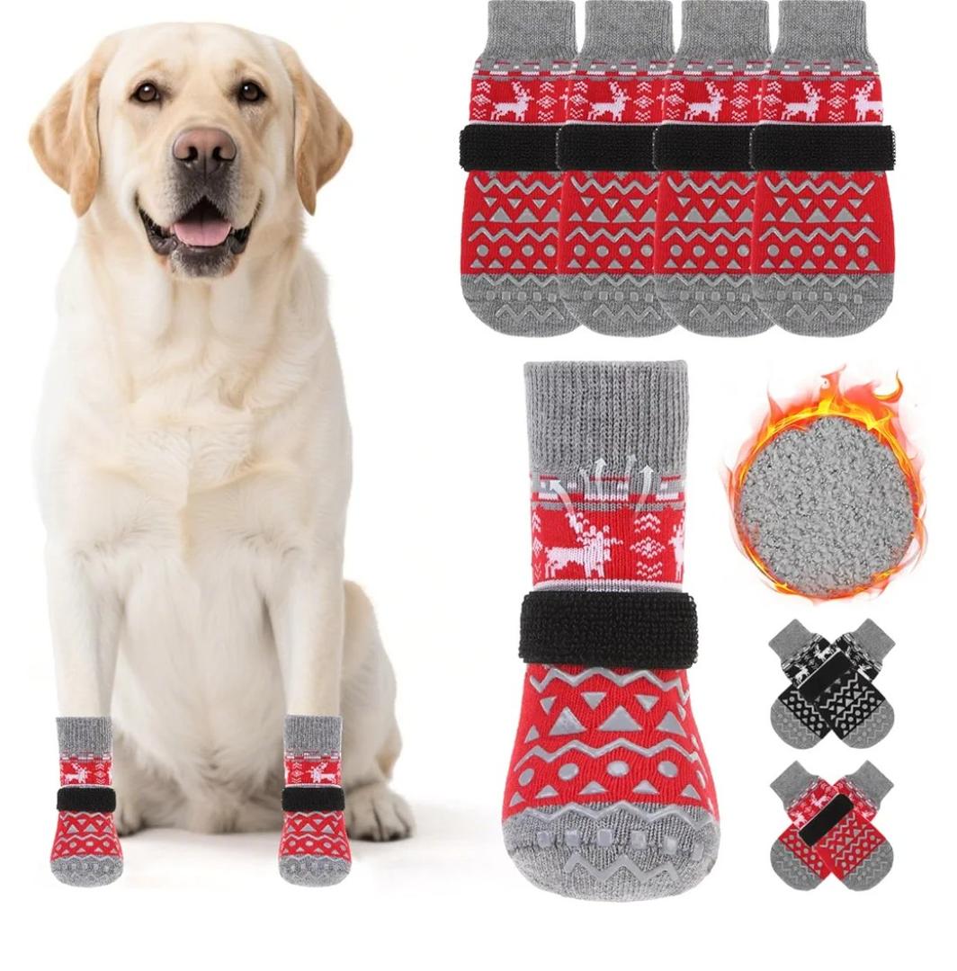 KOOLTAIL Dog Socks to Prevent Licking Paws, Dog Christmas Outfit Shoes for Winter Snow Pavement, Warm Fleece Pet Boots & Paw Protector for Hardwood Floors Anti Slip, Small Medium Large Size, Red M