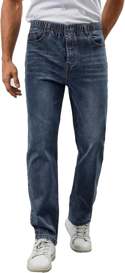 Mens Elastic Waist Jeans Relaxed Fit Stretch Denim Pants Straight Leg Jean with Zipper (Large, Dark Indigo)