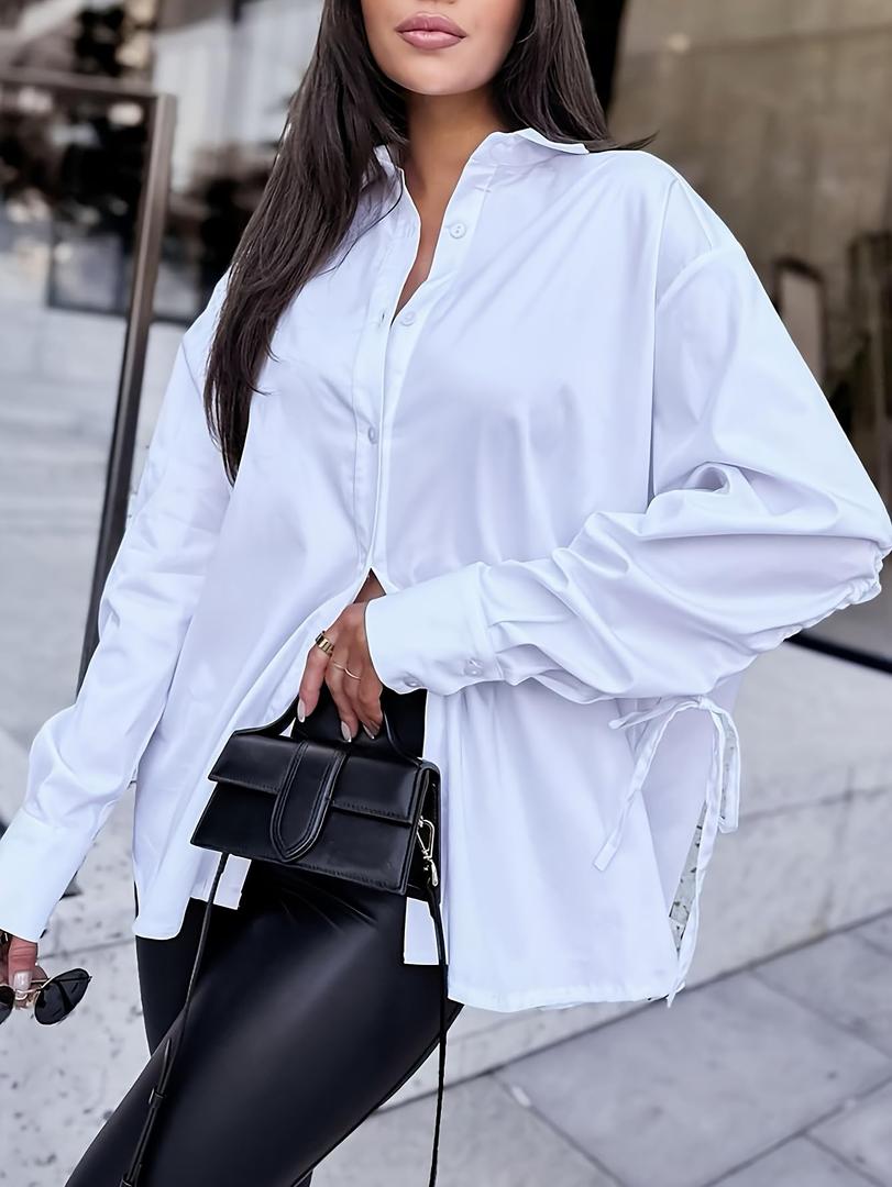 Women's Plus Size Oversized Button Down Shirt Unique Ruched Drawstring Long Sleeve Blouse Casual Loose Tunic Tops with Collar (White,3X-Large)