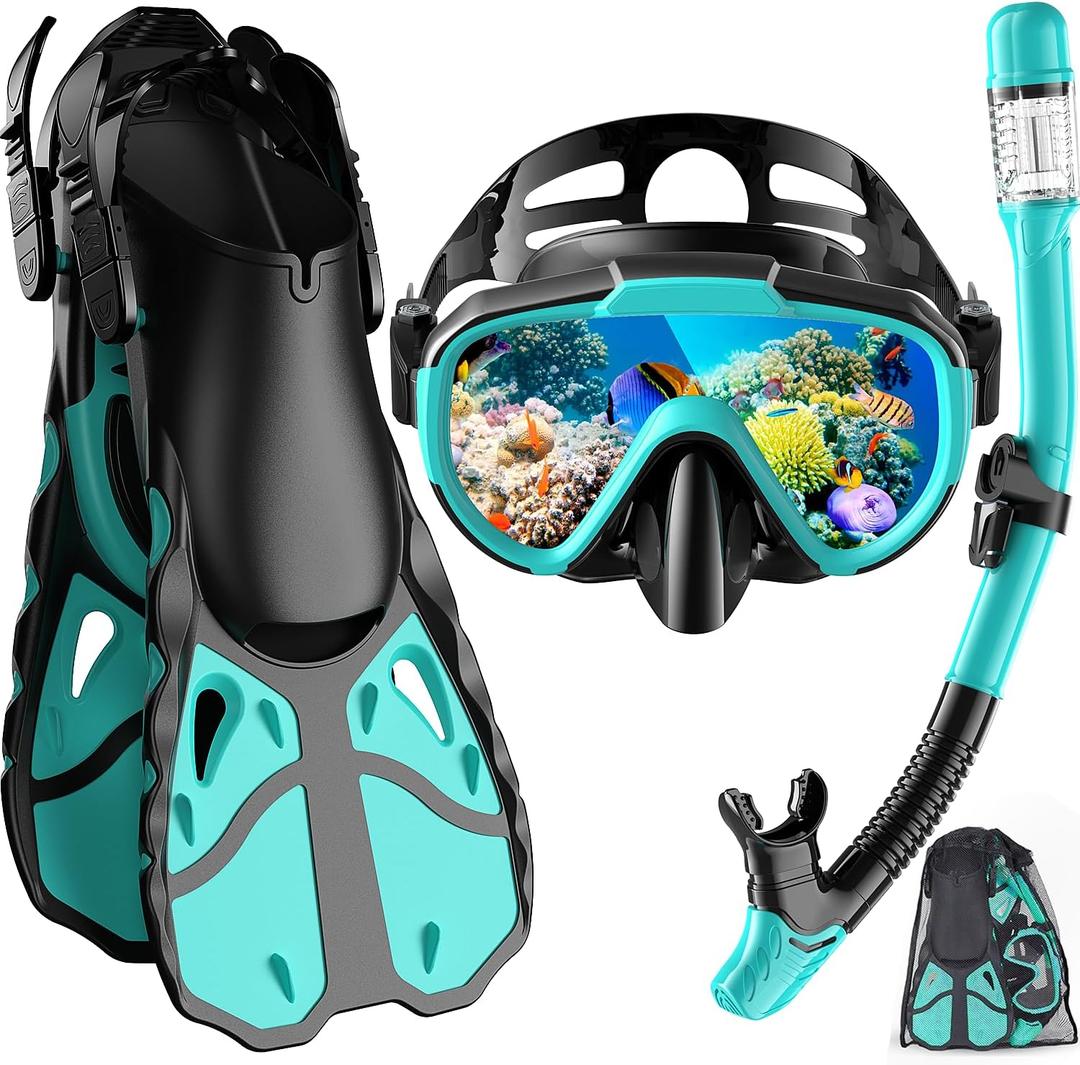 Snorkel Set with Fins for Adults, Snorkeling Gear for Adults Men and Women, Snorkle, Mask Set Adults Dry Top Snorkel Mask Combo Set with Travel Bag for Snorkeling, Diving, Swimming (Small-Medium, Cyan)