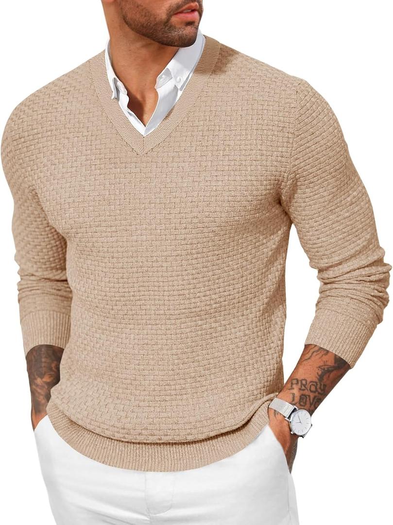 Yousify Mens V Neck Pullover Sweater Waffle Knit Casual Textured Pullover Long Sleeve Slim Fit Fall Sweaters Khaki, L 