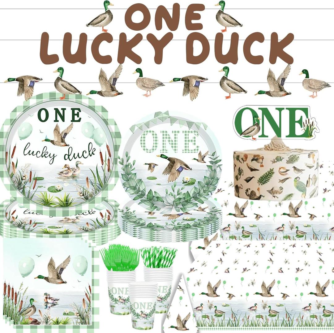 Mallard Duck 1st Birthday Decorations, One Lucky Duck Paper Plates 9'' and 7'', Napkins, Cups, 2Pcs Tablecloths, Banner, Cake Topper Duck Hunting Party Supplies Serves 24