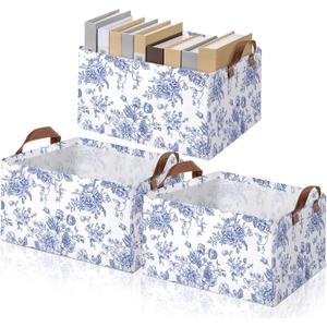 Boao 3 Pcs Blue Floral Storage Bin Wildflowers Collapsible Large Storage Baskets for Gifts Canvas Laundry Basket Foldable Box with Handle for Office Home Bedroom Clothes