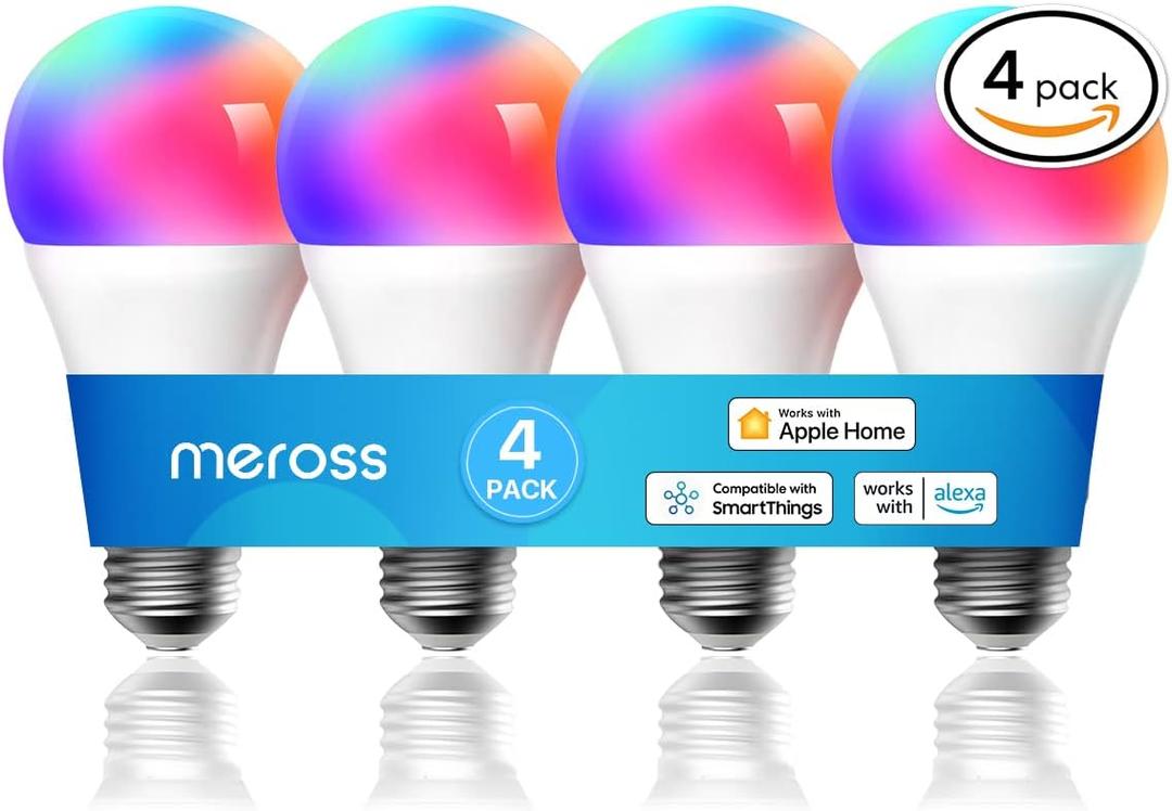 meross Smart Light Bulb, Smart WiFi LED Bulbs Compatible with Apple HomeKit, Siri, Alexa, SmartThings, Dimmable E26 Multicolor 2700K-6500K RGBWW, 810 Lumens 60W Equivalent, A19, 4 Pack