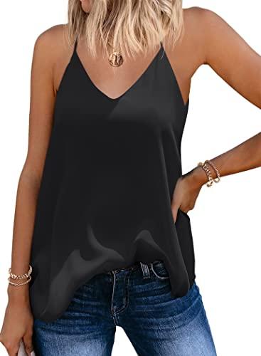 SUNAELIA White Tank Top Women Chiffon Cami Spaghetti Strap Camisole Summer V Neck Loose Fit Flowy Sleeveless Backless Blouse Shirts, M, Black