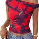 PRETTYGARDEN Women's Off Shoulder Tops 2026 Summer Going Out Crop Tank Tops Asymmetrical Floral Mesh Tight Y2K Shirts Clothes (S)