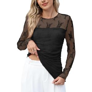 XIEERDUO Women's Sexy Sheer Long Sleeve Tops Crew Neck Mesh Ruched Going Out Shirts Blouse Date Night Outfits (Black, XS)