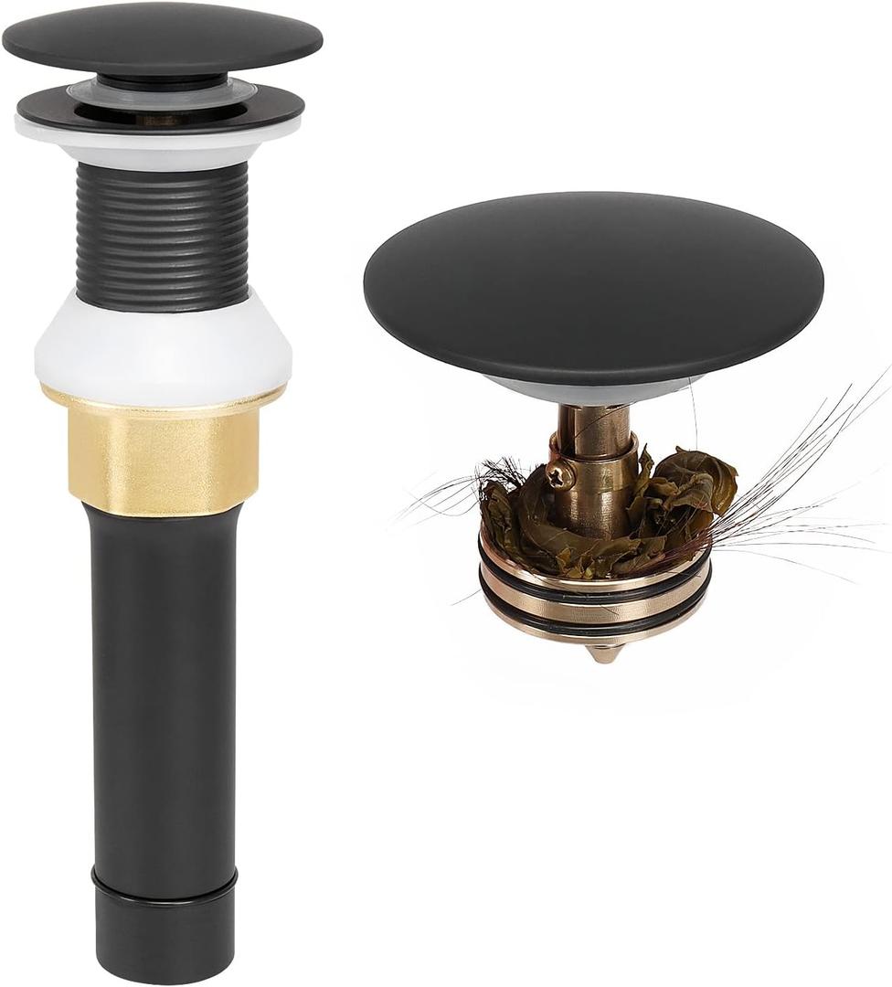 NearMoon Bathroom Sink Drain Without Overflow, 304 Stainless Steel Pop up Drain with Detachable Strainer Basket, Anti-Clogging Hair Catcher Assembly Stopper Vessel Sink (Matte Black)