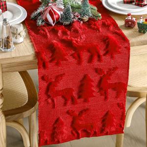Christmas Trees Elk Table Runner 13 x 72 Inch Red Christmas Soft Plush Faux Fur Jacquard Table Runner Xmas Holiday Decoration for Home Kitchen Dining Party Decor Indoor Outdoor