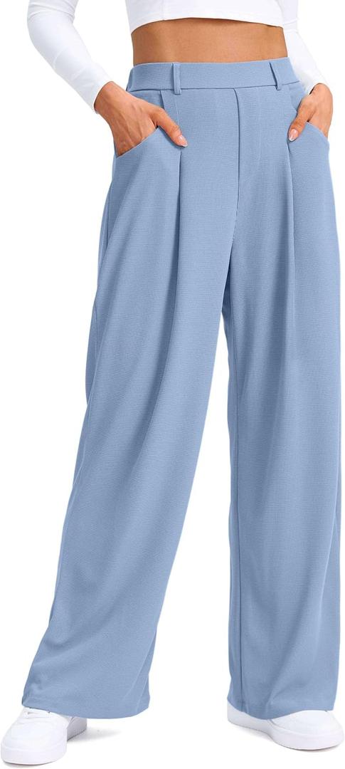 SANTINY Wide Leg Pants Woman Elastic High Waisted Waffle Knit Slacks Business Casual Work Pants Pleated Trousers with Pockets (Blue, L)