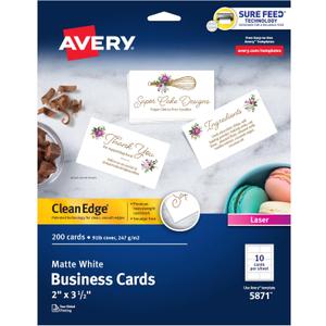 Avery Clean Edge Printable Business Cards with Sure Feed Technology, 2" x 3.5", White, 200 Blank Cards for Laser Printers (5871)