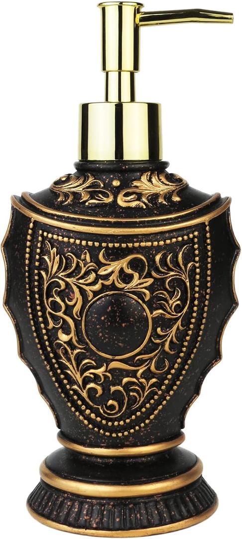 Vintage Soap Dispenser with Baroque Decor - Resin - Black and Gold Painted Lotion Dispenser for Bathrooms, Kitchen Counters, Beauty Shops, Hotels (10 oz/300 ml, Black & Gold)