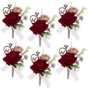 AuroraAria Red Boutonniere for Men,Set of 6,Groom Boutonniere for Wedding,Anniversary,Homecoming,Formal Dinner Party,Wedding Decor,Artificial Red Rose