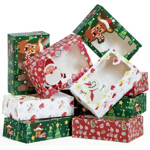 JOYIN 24 PCS Christmas Foil Treats Cookie Gift Boxes (8.75" x 5.75" x 2.75") Colorful Pattern Bakery Box with Window for Xmas Holiday Birthday Party Pastries, Cupcakes, Brownies, Donuts Gift-Giving