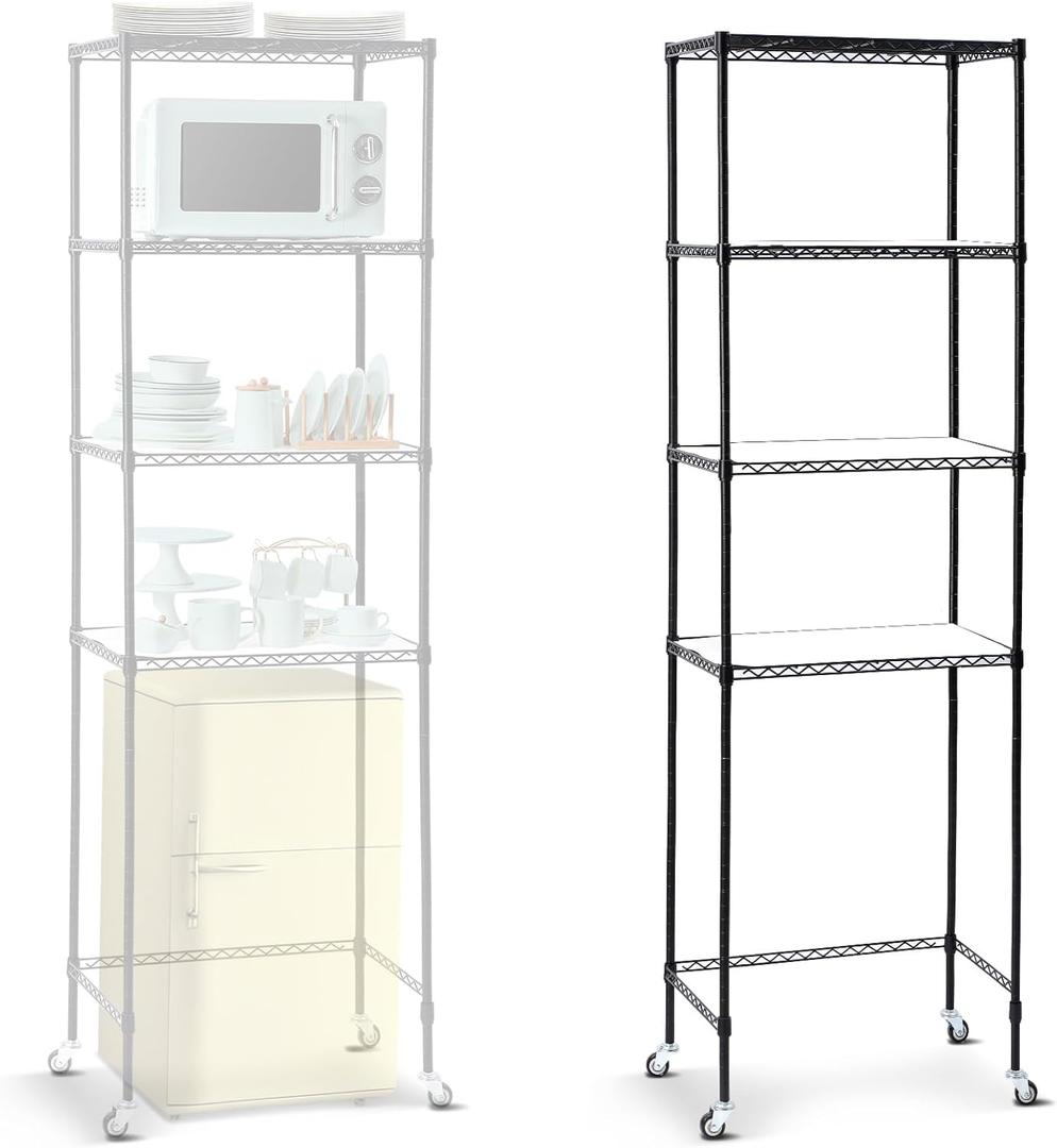 Huwena 4 Tier Mini Fridge Shelf Microwave Stand Over Height Adjustable Fridge Storage Rack with Lockable Wheels & Waterproof Mats Multilayer Metal Organizer for Dorm Apartment Kitchen Office(Black)