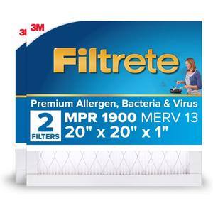 Filtrete 20x20x1 AC Furnace Air Filter, MERV 13, MPR 1900, Premium Allergen, Bacteria & Virus Filter, 3-Month Pleated 1-Inch Electrostatic Air Cleaning Filter, 2-Pack (Actual Size 19.69x19.69x0.78 in)