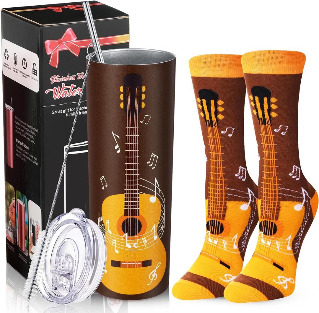 Umigy 2 Pcs Music Teacher Gifts 2025 Novelty Guitar Socks & 20 oz Guitar Skinny Water Tumbler with Lids and Straw Teacher Appreciation Gifts for Music Lovers Musician Men Women Graduation