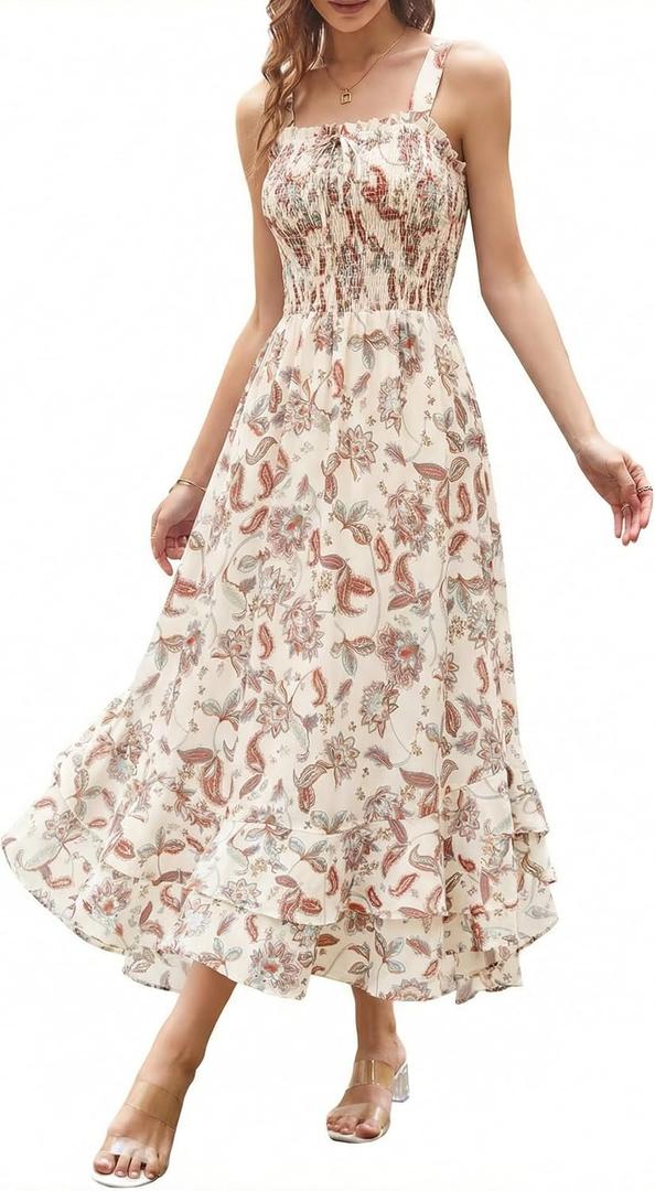 GRACE KARIN Women's 2026 Summer Floral Boho Dress Square Neck Strapped Swing A Line Sundress Beach Long Maxi Outfits (Medium, Beige)