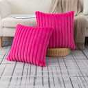 ZLINA Set of 2 Hot Pink Faux Fur Decorative Throw Pillow Covers Fluffy Striped Pillowcase Cushion Covers 18 x 18 Inch Decor Sofa Couch Bedroom