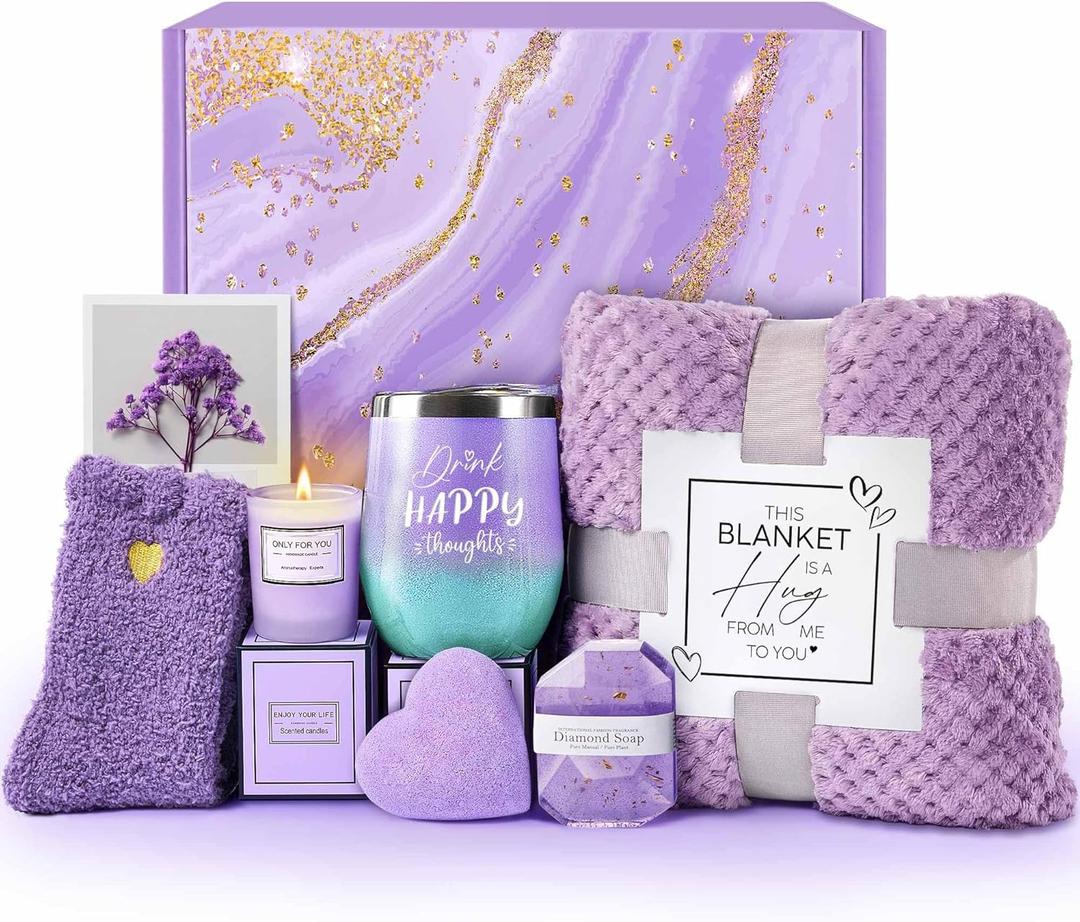 Birthday Gifts for Women, Self Care Get Well Soon Gifts, Lavender Relaxing Spa Gift Basket Care Package w Blanket, Valentines Mothers Day Christmas Gifts for Mom Grandma Wife Girlfriend Friends Sister (Purple)