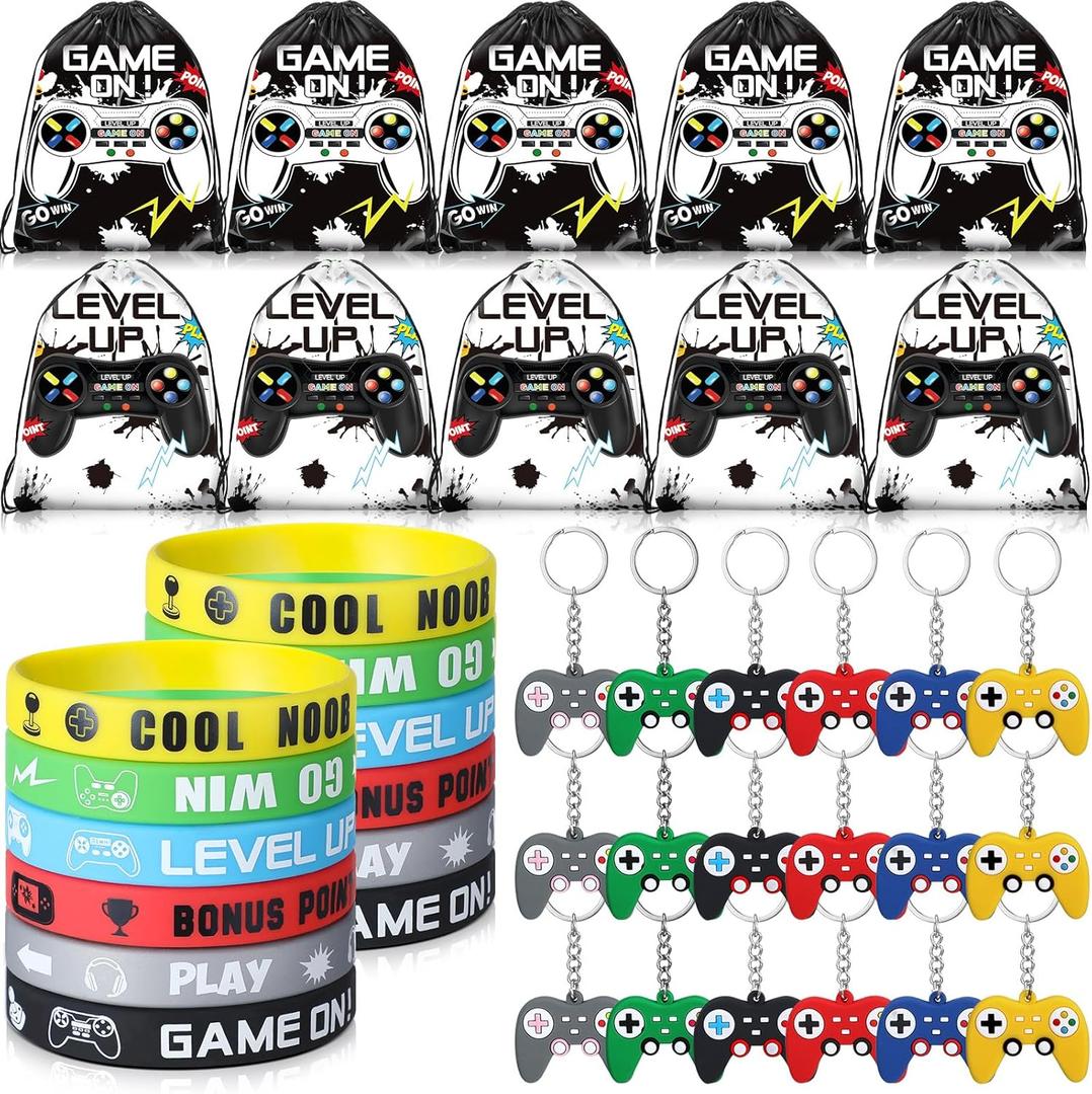 Nosiny 72 Pcs Video Game Party Favors Video Gamer Party Drawstring Bags Gaming Goodie Bag Silicone Bracelet Wristbands Keychain Classroom Rewards for Kids Birthday Bag Stuffers(Black, White,Cute)