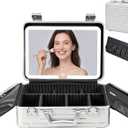 BEAUTY CASE Makeup Case with LED Mirror, 16 inch PC and Aluminum Shockproof Hard Shell Cosmetic Organizer Case, Portable Travel Vanity Box with Brush Board, Combination Lock, Silver