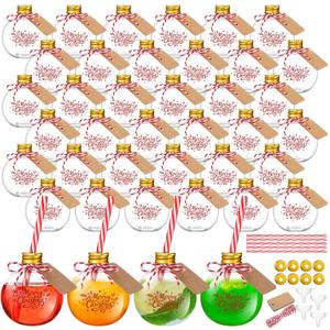 Baderke 30 Pcs 6 oz Plastic Potion Bottles for Drinks Christmas Ornament Drink Balls with Straw and Tags Plastic Refillable Cocktail Decorate Ball(Gold, Merry Christmas)