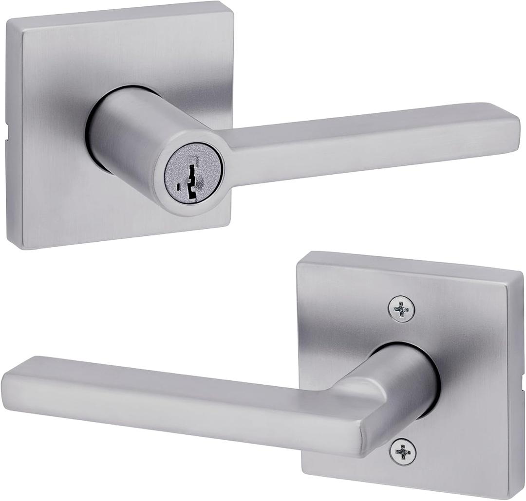 Kwikset Halifax Keyed Storeroom Entry Door Handle with Lock and Key, Secure Keyed Reversible Lever Exterior, for Front Entrance and Bedrooms, Satin Chrome, Pick Resistant Smartkey Rekey Security