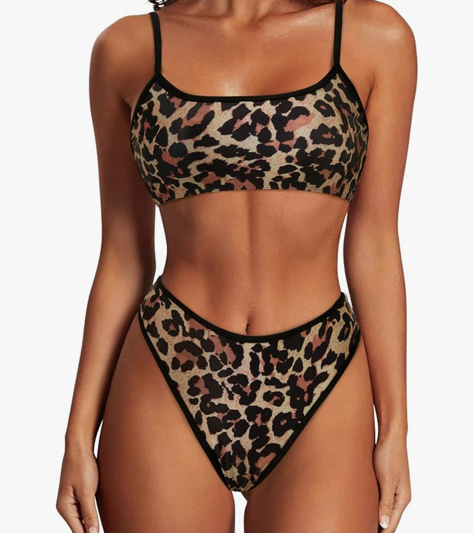 SUUKSESS Women High Waisted 2 Piece Bikini Set Cheeky High Cut Bandeau Swimsuit M Leopard