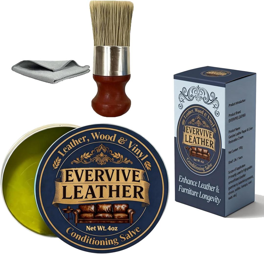 Leather & Wood Restoring Salve - 4oz Furniture Polish & Conditioner with Applicator Brush & Microfiber Towel, for Leather Couches, Car Seats, Wood Tables & Vinyl