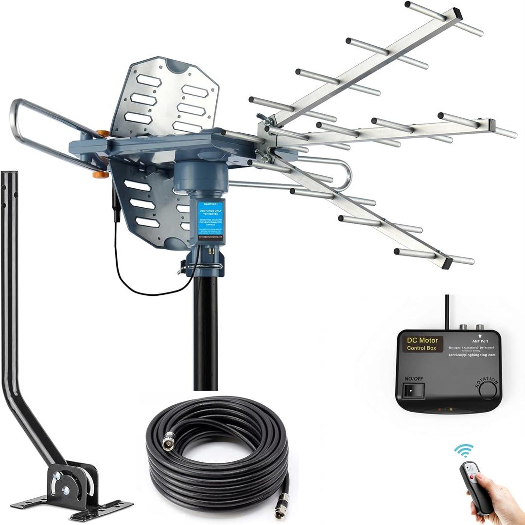 Outdoor TV Antenna Digital Antenna 150 Mile Motorized 360 Degree Rotation Support 2 TVs - Mounting Pole & 40FT RG6 Coax Cable - Wireless Remote Control - UHF/VHF - Snap-On Installation